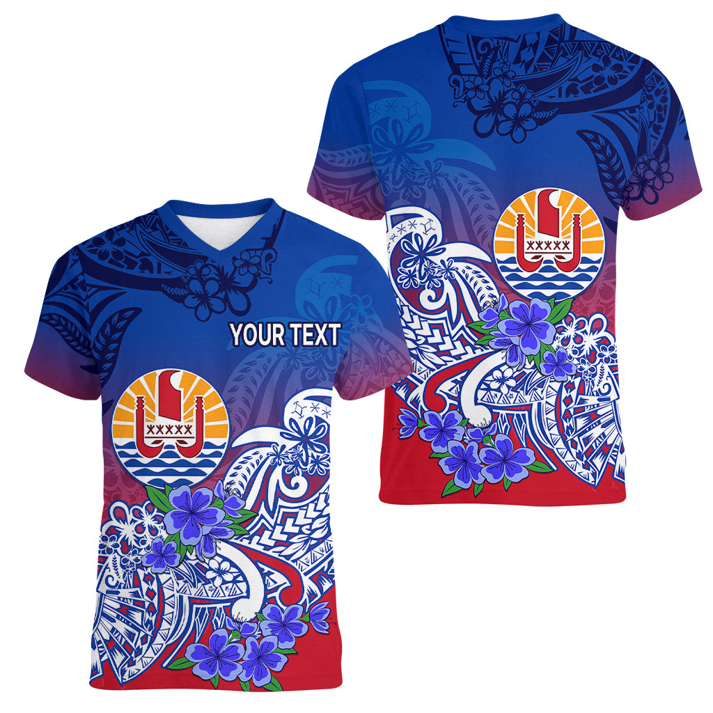 (Custom Personalised) Tahiti Women V Neck T Shirt Polynesian Floral Tribal LT9 Female Blue - Polynesian Pride