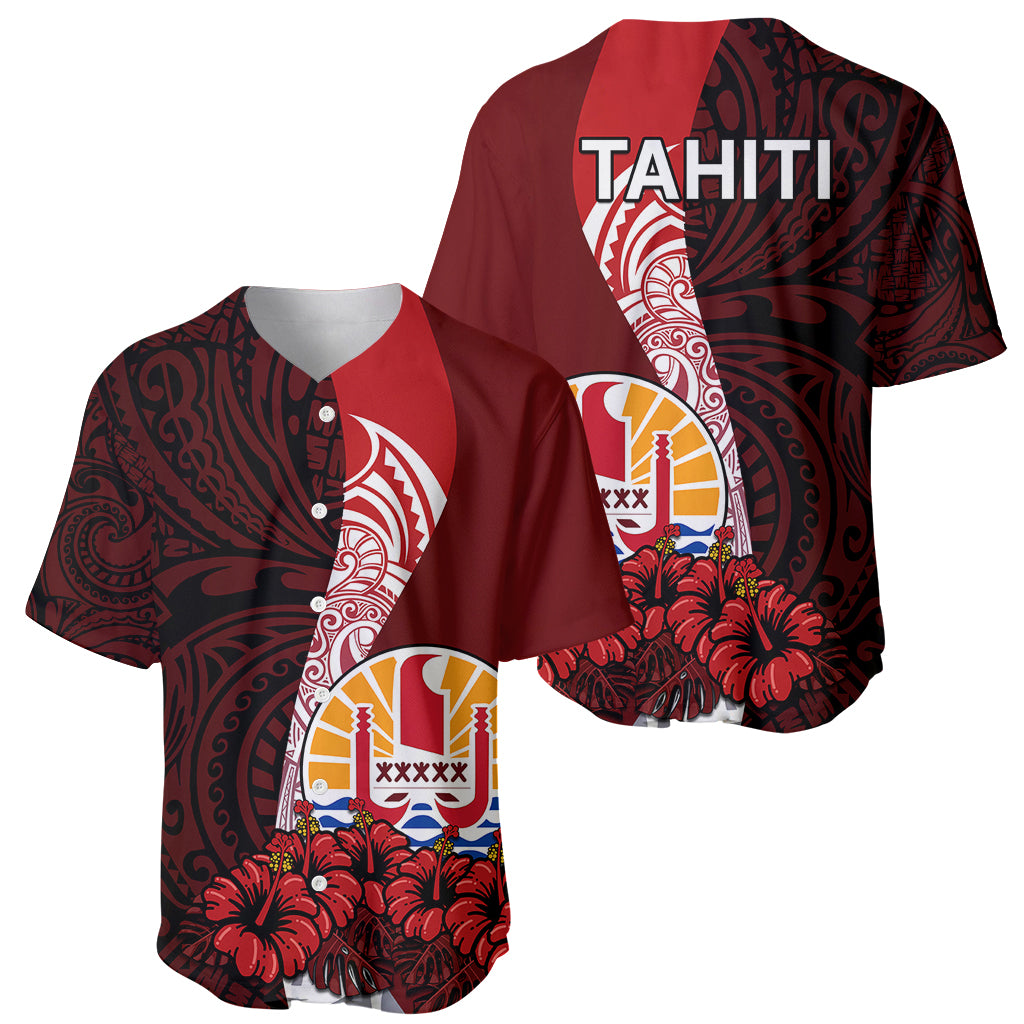 Tahiti Baseball Jersey Polynesian Coat Of Arm With Hibiscus LT9 Red - Polynesian Pride