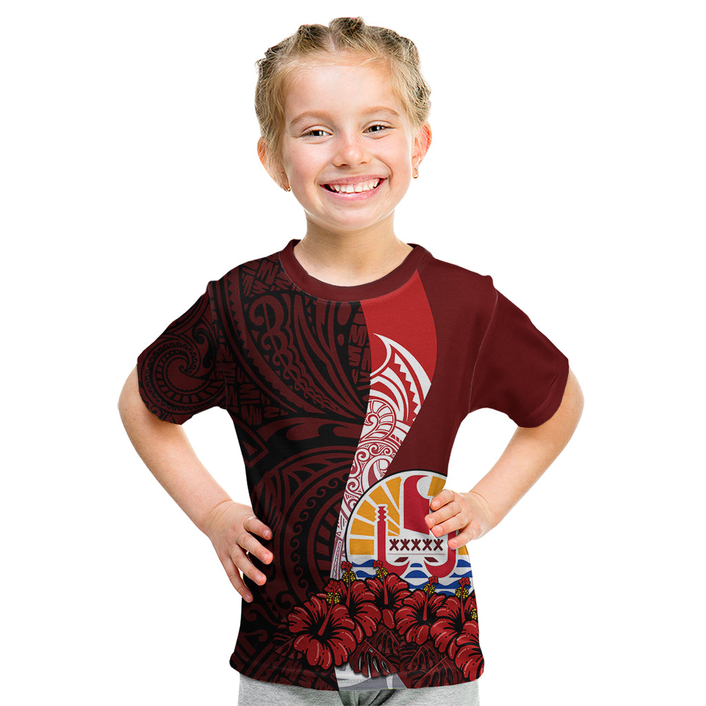 Tahiti Kid T Shirt Polynesian Coat Of Arm With Hibiscus LT9 Red - Polynesian Pride