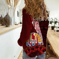 Tahiti Women Casual Shirt Polynesian Coat Of Arm With Hibiscus LT9 - Polynesian Pride