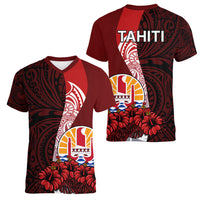 Tahiti Women V Neck T Shirt Polynesian Coat Of Arm With Hibiscus LT9 Female Red - Polynesian Pride