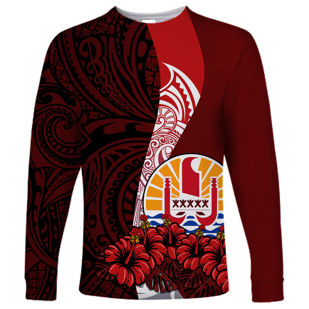 (Custom Personalised) Tahiti Long Sleeve Shirt Polynesian Coat Of Arm With Hibiscus LT9 Unisex Red - Polynesian Pride