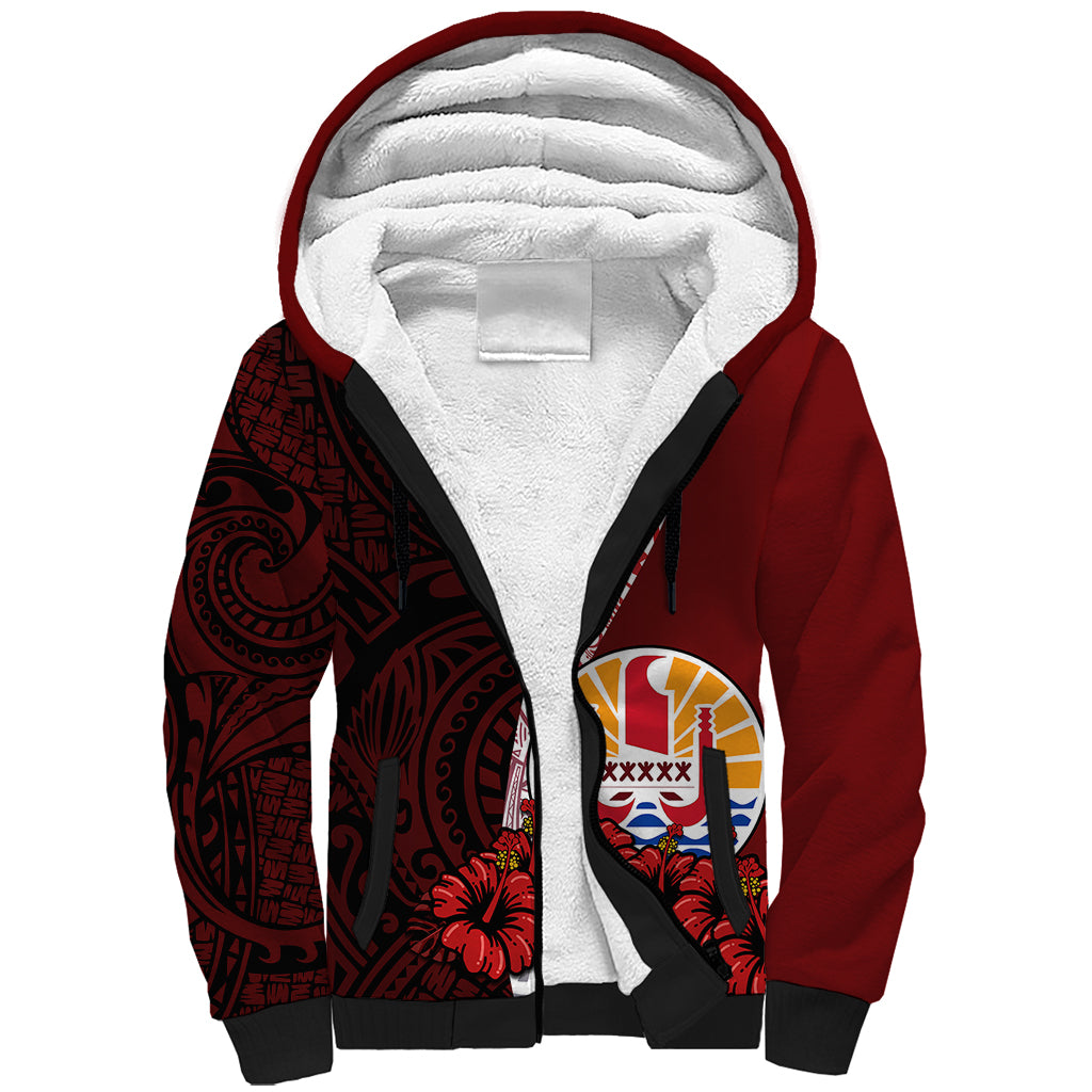 (Custom Personalised) Tahiti Sherpa Hoodie Polynesian Coat Of Arm With Hibiscus LT9 Unisex Red - Polynesian Pride