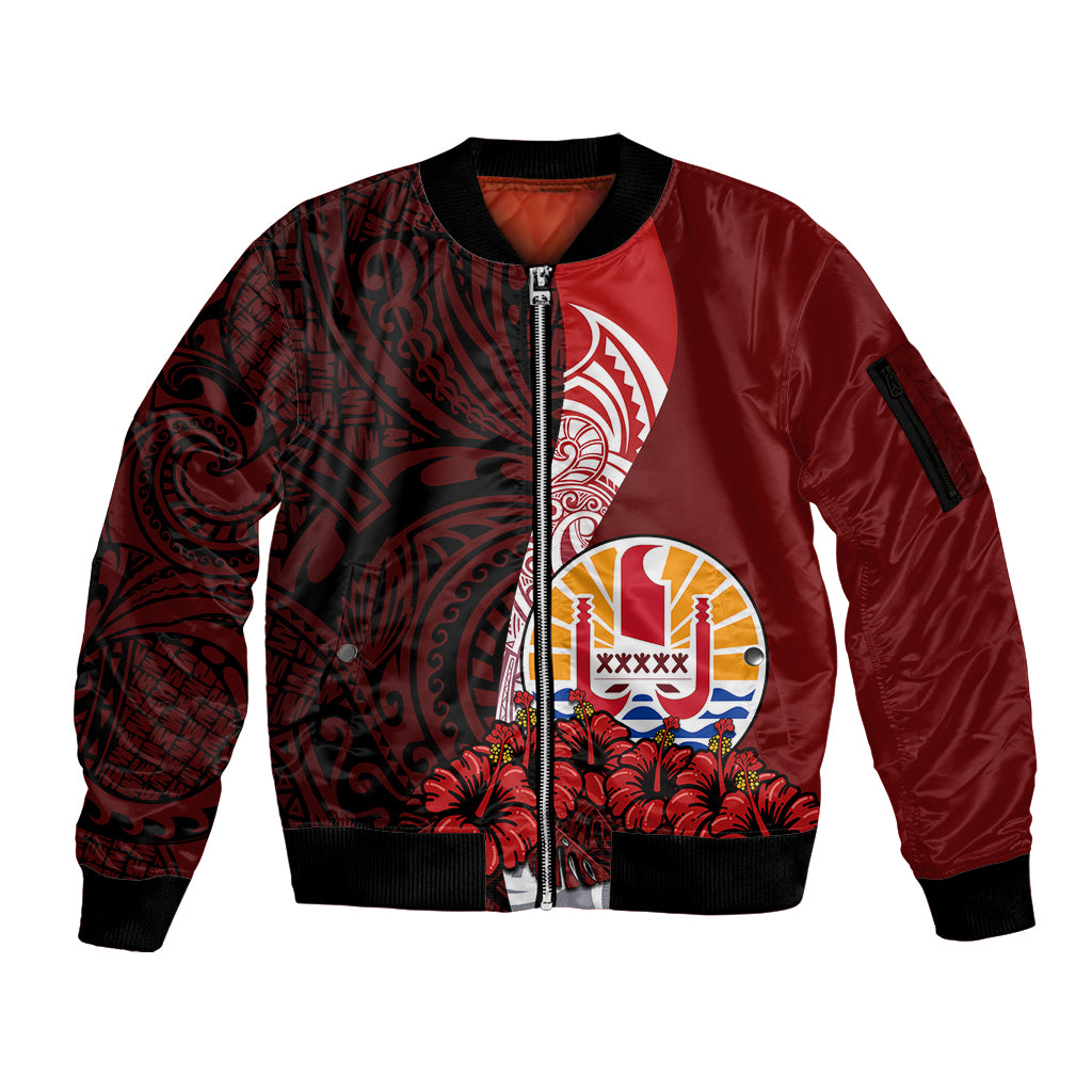 (Custom Personalised) Tahiti Sleeve Zip Bomber Jacket Polynesian Coat Of Arm With Hibiscus LT9 Unisex Red - Polynesian Pride