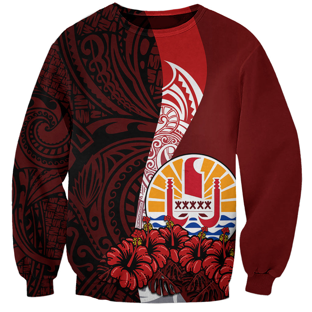 (Custom Personalised) Tahiti Sweatshirt Polynesian Coat Of Arm With Hibiscus LT9 Unisex Red - Polynesian Pride