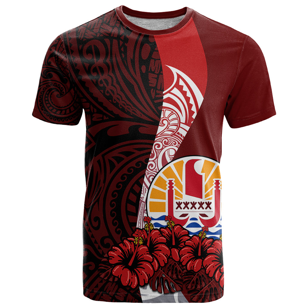 Custom Tahiti T Shirt Polynesian Coat of Arm With Hibiscus LT9 Red - Polynesian Pride