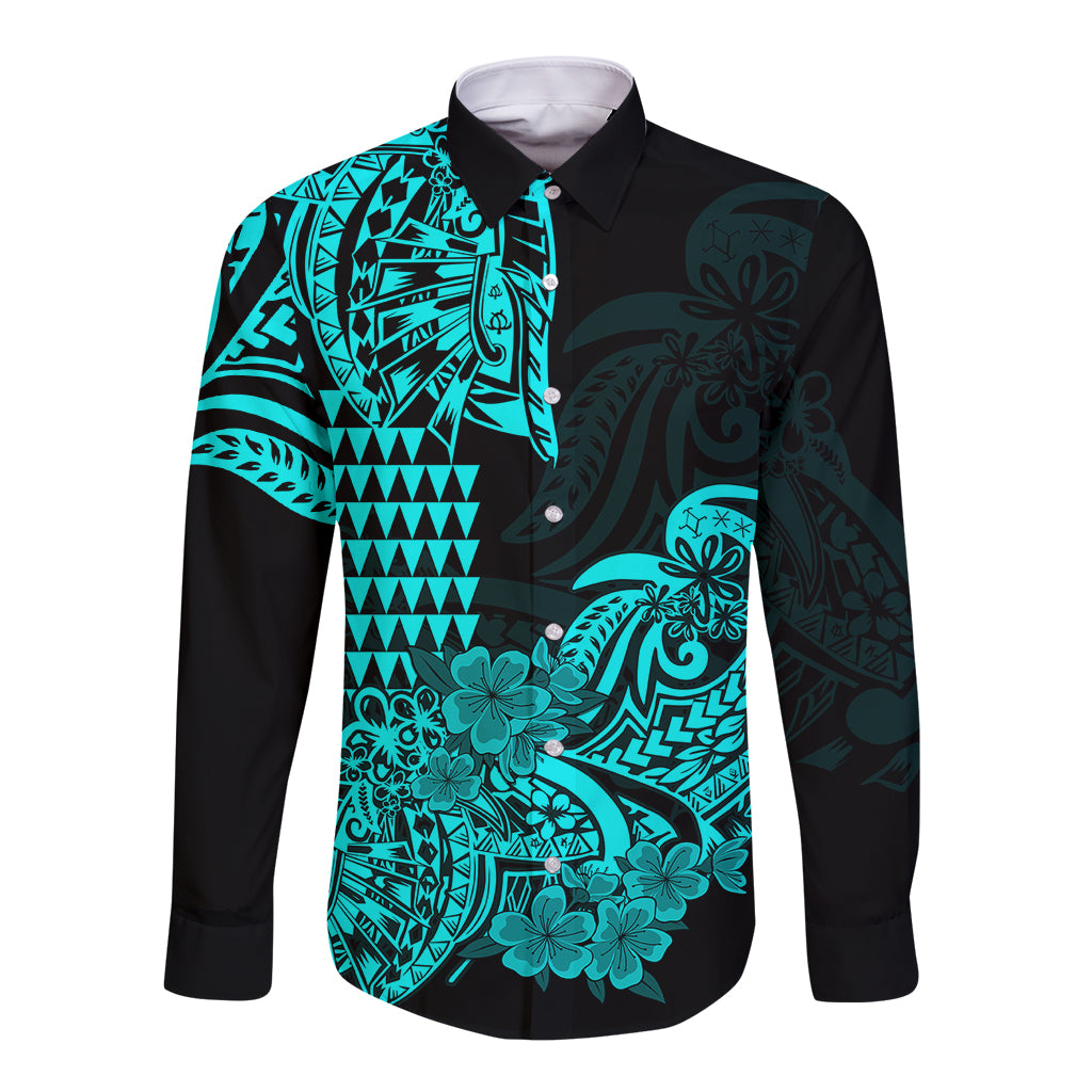 Hawaii Kakau Long Sleeve Button Shirt Polynesian Floral Tribal Aqua Version LT9 Unisex Aqua - Polynesian Pride