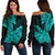 Hawaii Kakau Off Shoulder Sweater Polynesian Floral Tribal Aqua Version LT9 Women Aqua - Polynesian Pride