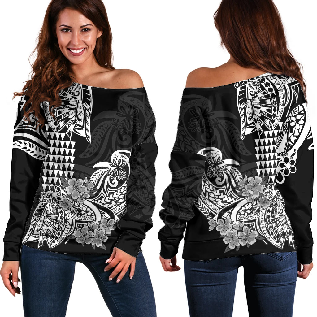 Hawaii Kakau Off Shoulder Sweater Polynesian Floral Tribal Black Version LT9 Women Black - Polynesian Pride