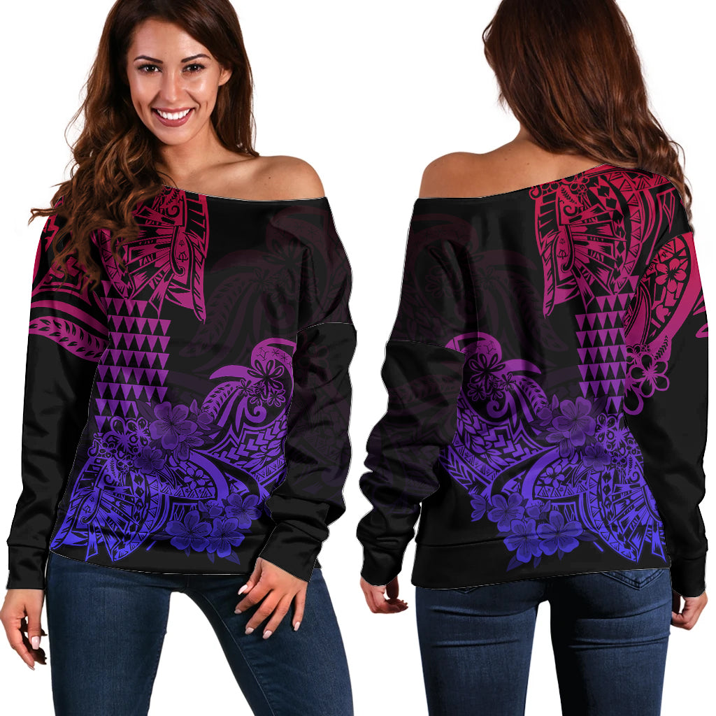 Hawaii Kakau Off Shoulder Sweater Polynesian Floral Tribal Gradient Version LT9 Women Gradient - Polynesian Pride