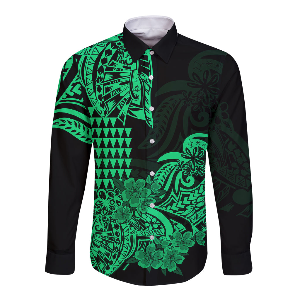 Hawaii Kakau Long Sleeve Button Shirt Polynesian Floral Tribal Green Version LT9 Unisex Green - Polynesian Pride