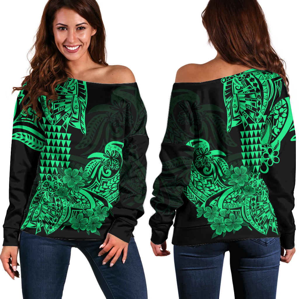 Hawaii Kakau Off Shoulder Sweater Polynesian Floral Tribal Green Version LT9 Women Green - Polynesian Pride