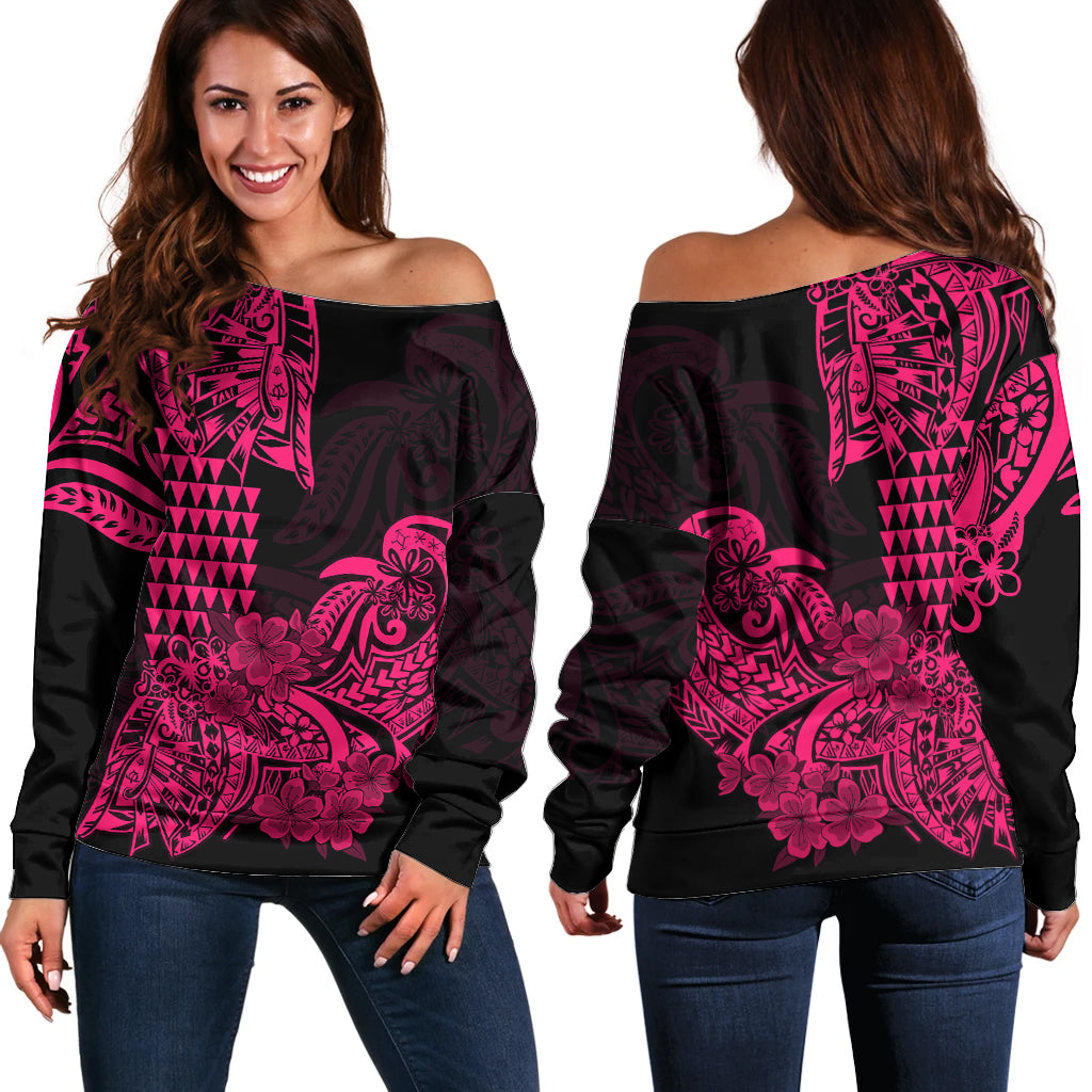 Hawaii Kakau Off Shoulder Sweater Polynesian Floral Tribal Pink Version LT9 Women Pink - Polynesian Pride