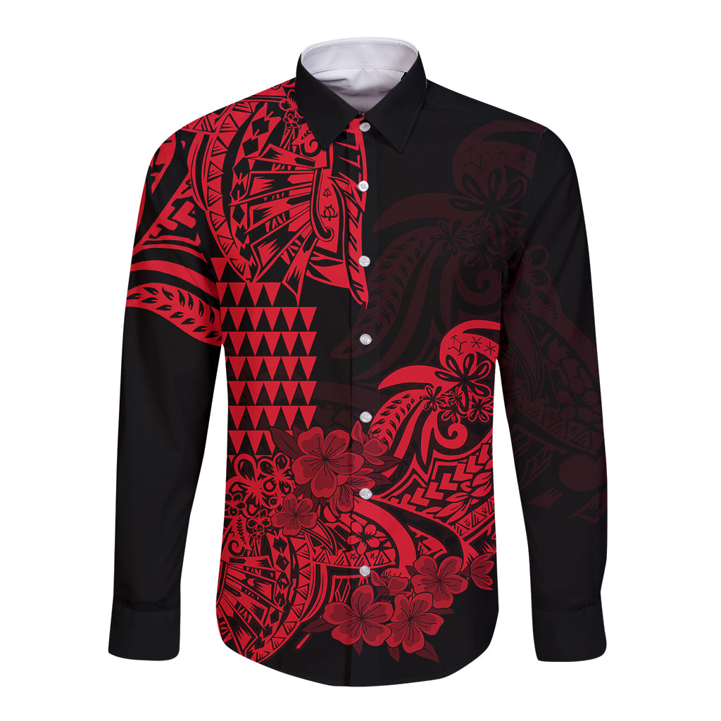 Hawaii Kakau Long Sleeve Button Shirt Polynesian Floral Tribal Red Version LT9 Unisex Red - Polynesian Pride