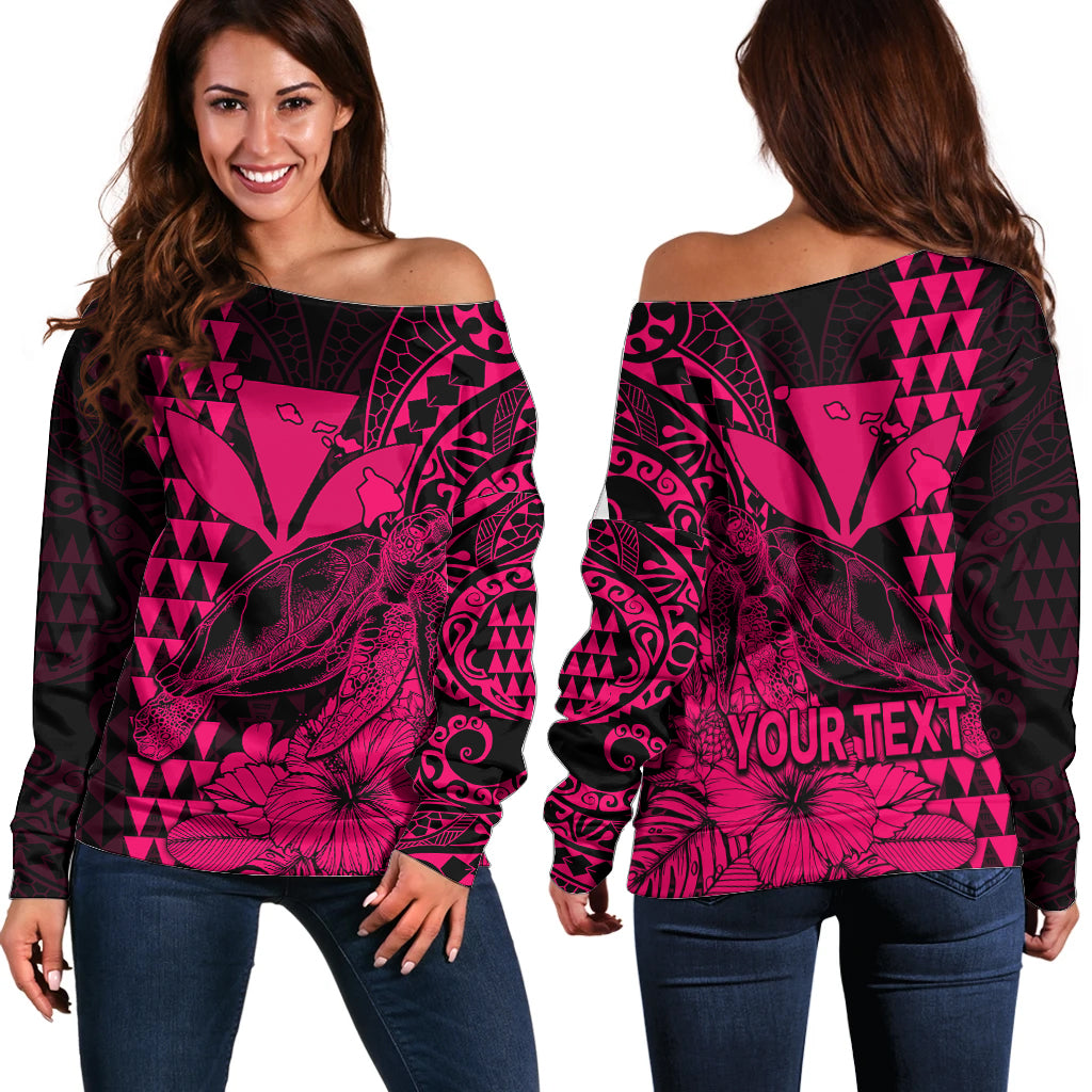 (Custom Personalised) Kakau Polynesian Tribal Hawaiian Turtle with Kanaka Maoli Pink Off Shoulder Sweater LT9 Women Pink - Polynesian Pride