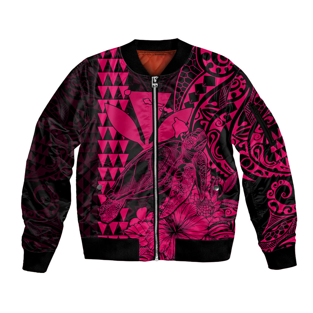 (Custom Personalised) Kakau Polynesian Tribal Hawaiian Turtle with Kanaka Maoli Pink Sleeve Zip Bomber Jacket LT9 Unisex Pink - Polynesian Pride