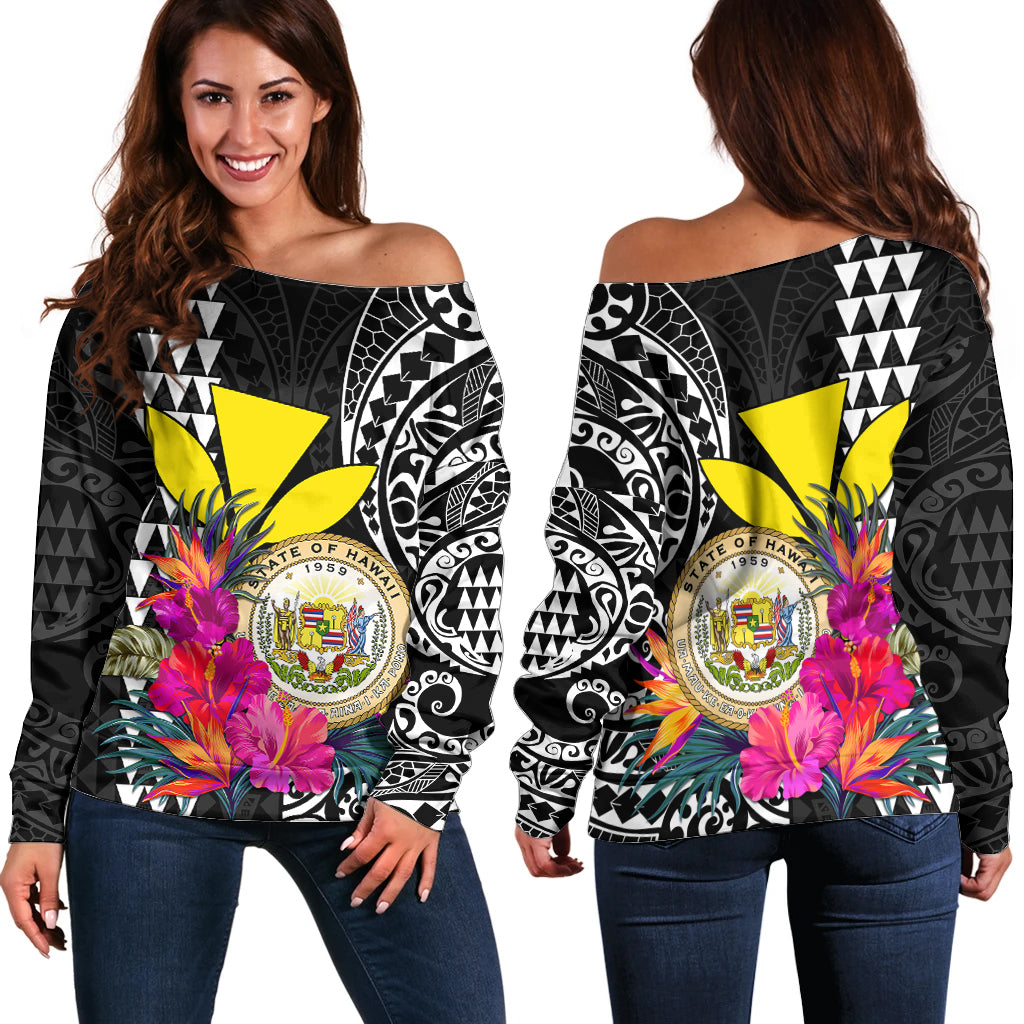 Kakau Tribal Hawaiian Kanaka Maoli Off Shoulder Sweater LT9 Women Black - Polynesian Pride