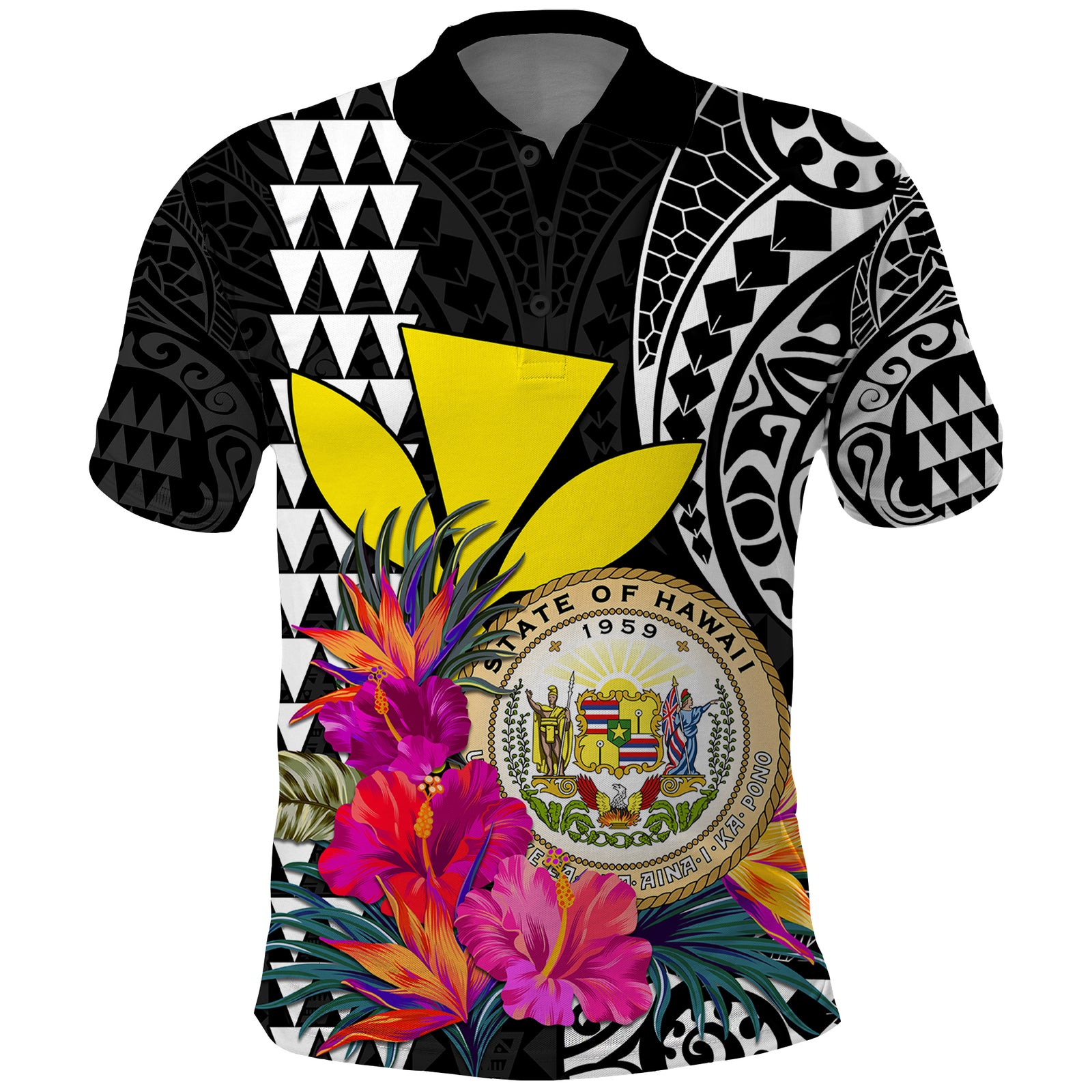 Kakau Tribal Hawaiian Kanaka Maoli Polo Shirt LT9 Black - Polynesian Pride