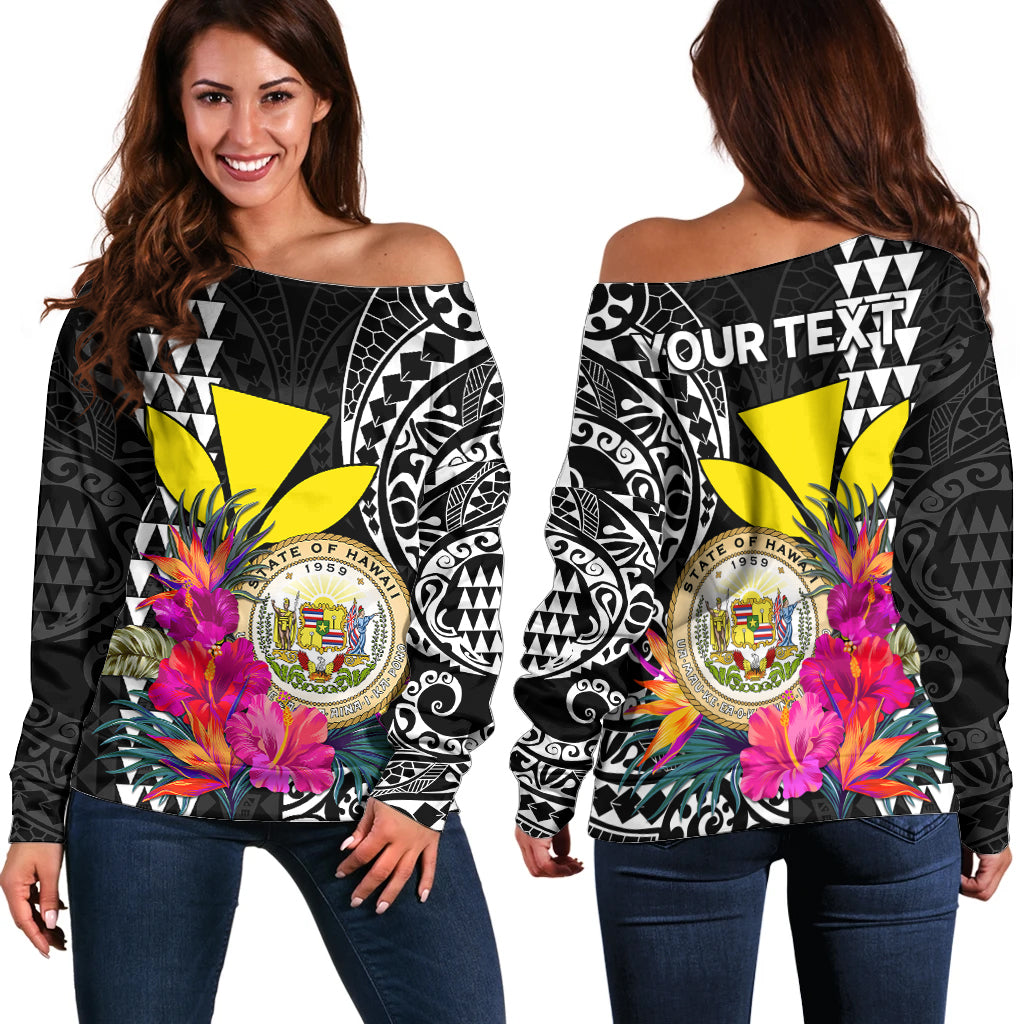 (Custom Personalised) Kakau Tribal Hawaiian Kanaka Maoli Off Shoulder Sweater LT9 Women Black - Polynesian Pride