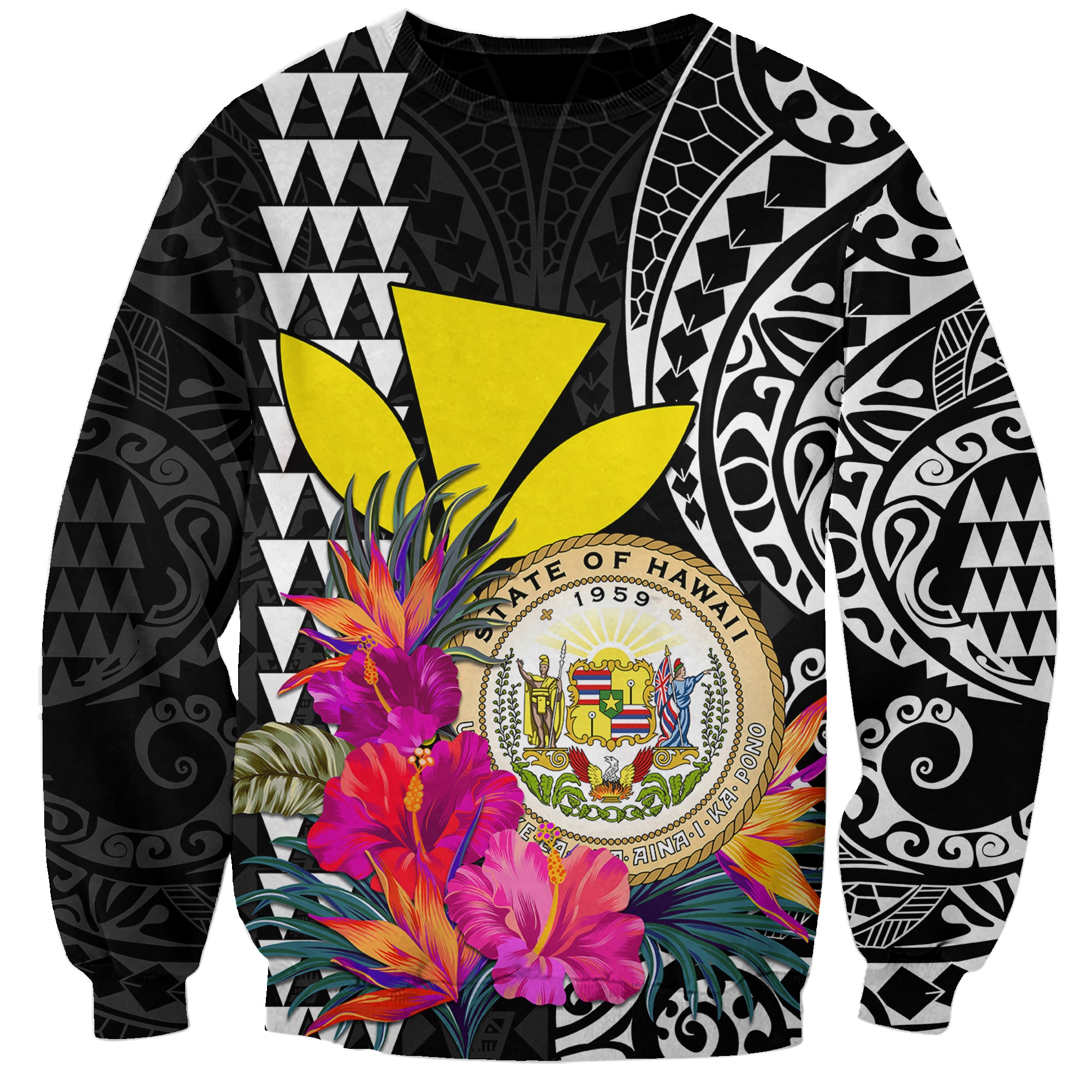 (Custom Personalised) Kakau Tribal Hawaiian Kanaka Maoli Sweatshirt LT9 Unisex Black - Polynesian Pride