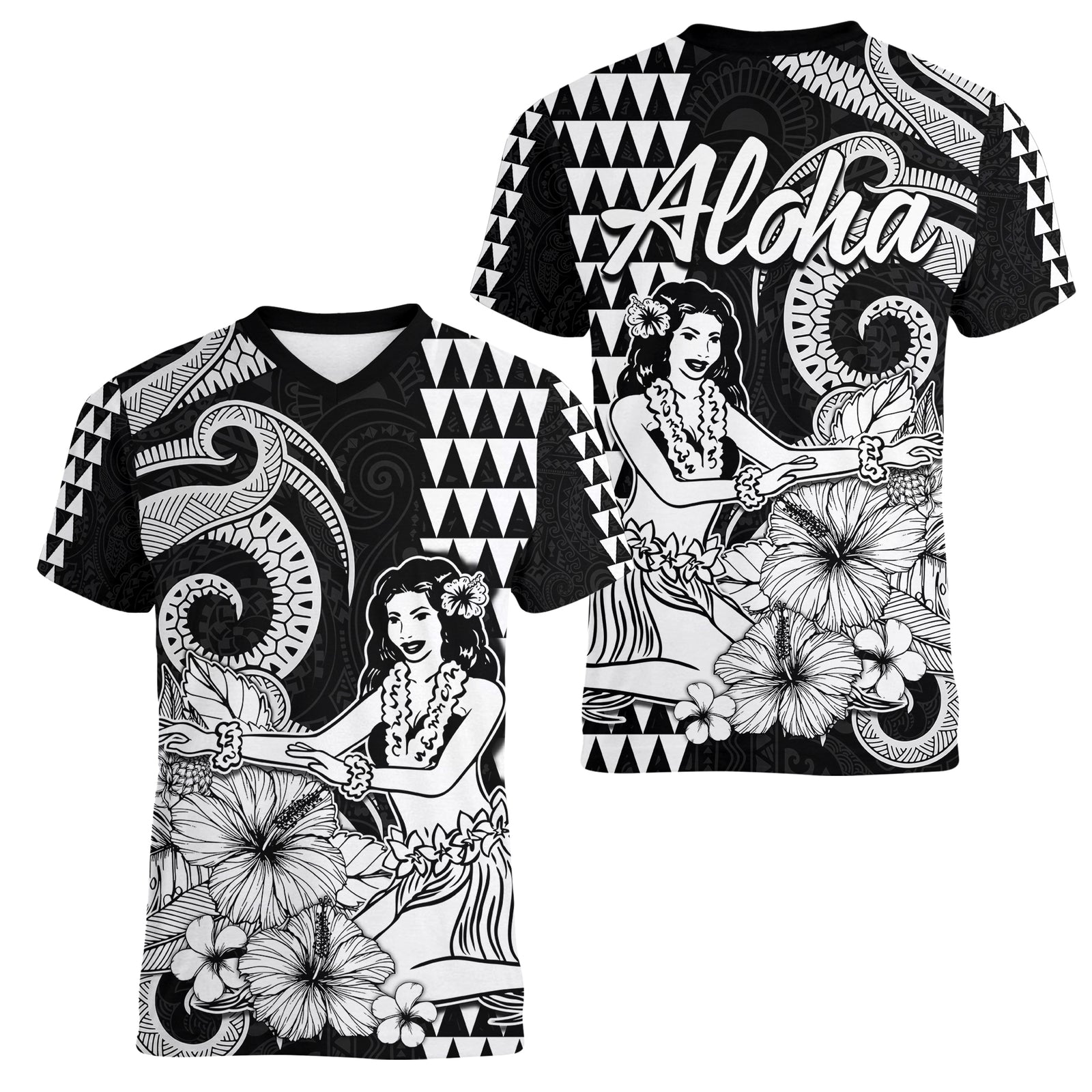 Aloha Hula Girl Hawaiian Tribal and Simple Kakau Women V Neck T Shirt LT9 Female Black - Polynesian Pride