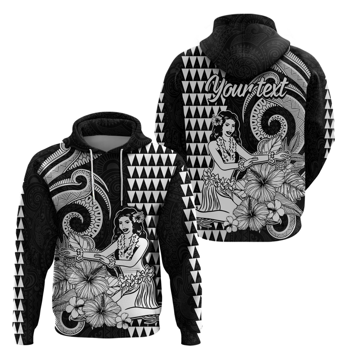 Custom Aloha Hula Girl Hawaiian Tribal and Simple Kakau Hoodie LT9 Pullover Hoodie Black - Polynesian Pride