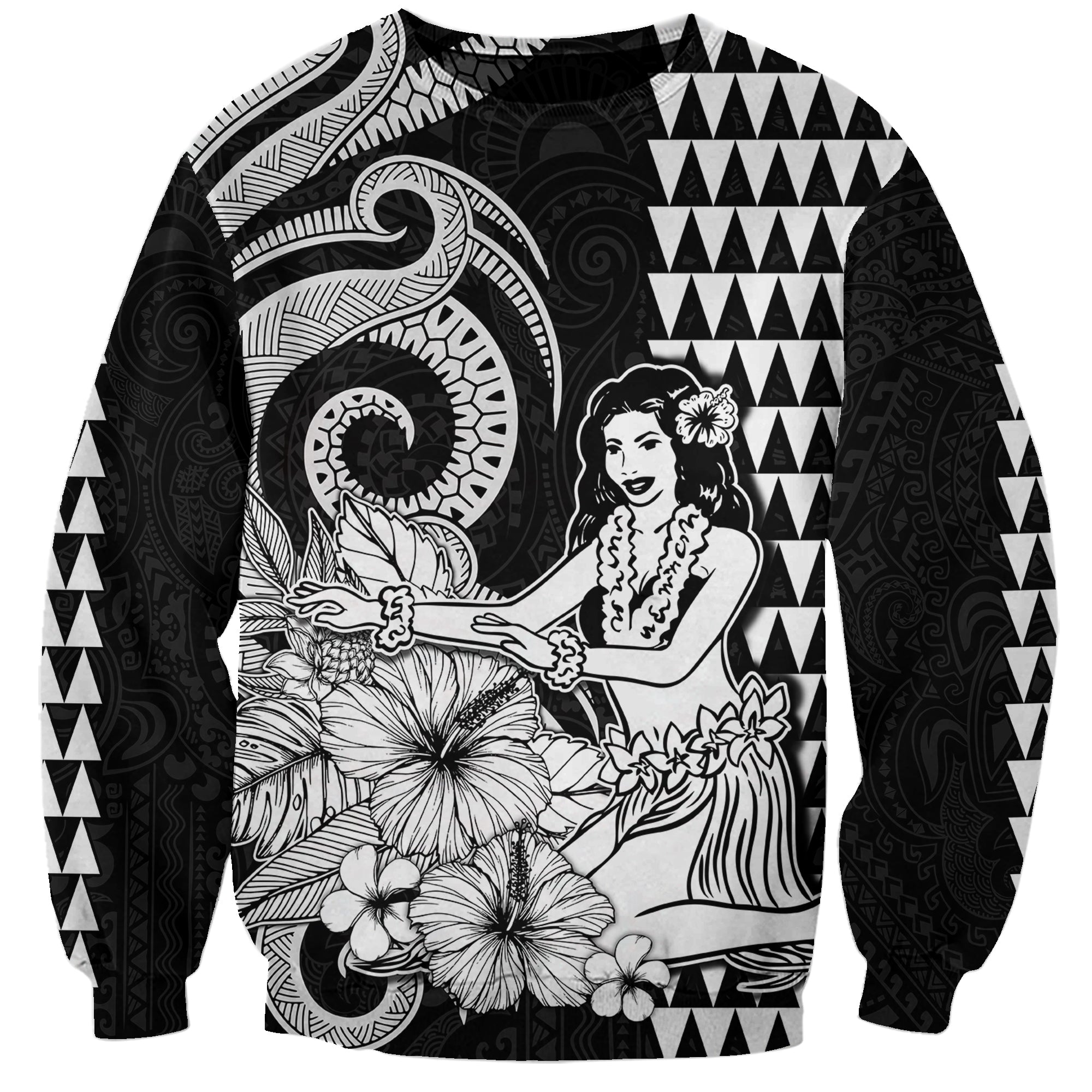 (Custom Personalised) Aloha Hula Girl Hawaiian Tribal and Simple Kakau Sweatshirt LT9 Unisex Black - Polynesian Pride