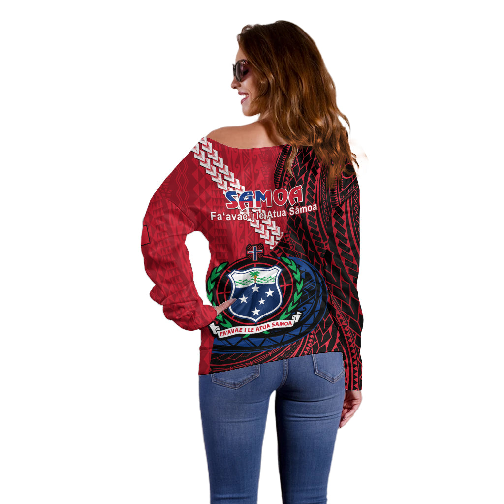 Samoa Off Shoulder Sweater Happy Independence Day Samoan Red Pattern LT14 - Polynesian Pride