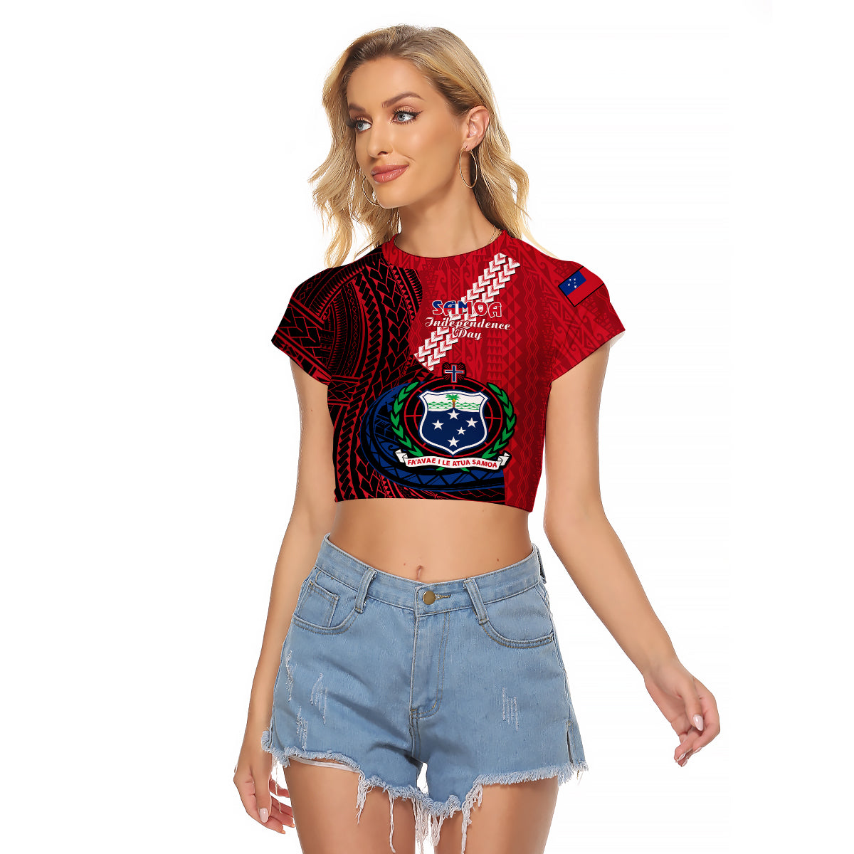 Samoa Raglan Cropped T Shirt Happy Independence Day Samoan Red Pattern LT14 Female Red - Polynesian Pride