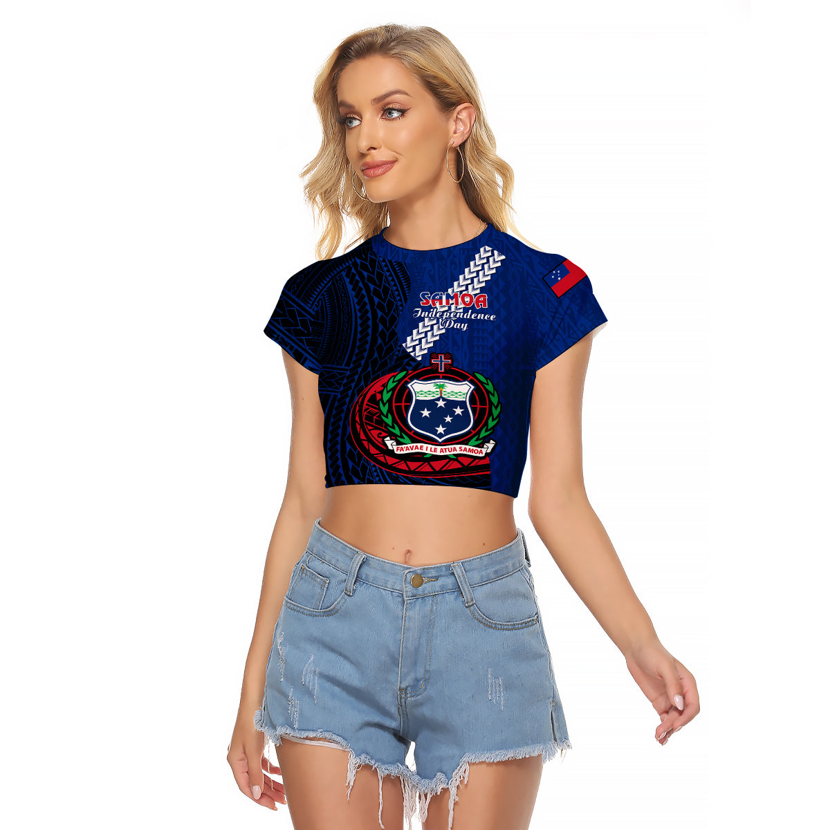 Samoa Raglan Cropped T Shirt Happy Independence Day Samoan Blue Pattern LT14 Female Blue - Polynesian Pride