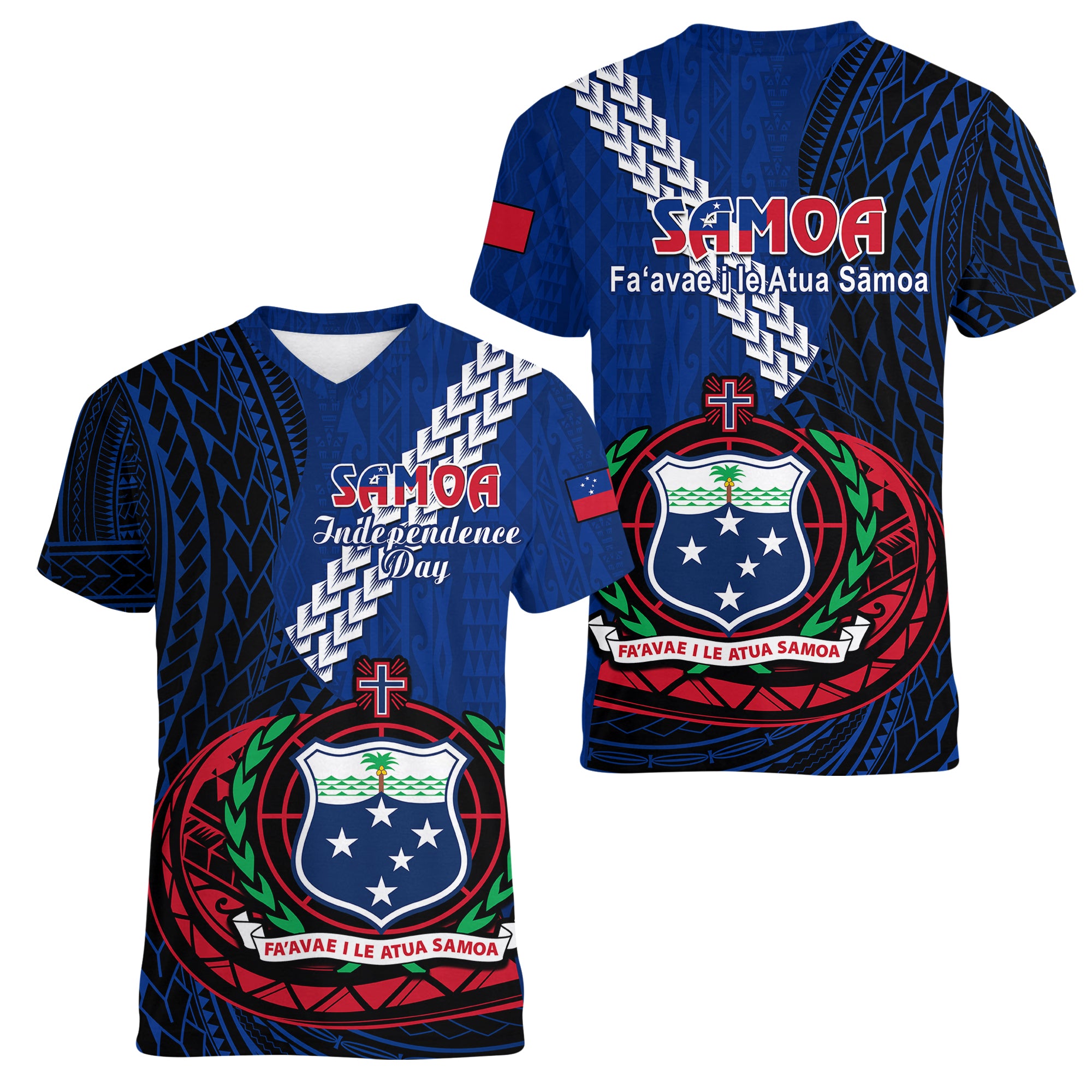 Samoa Women V Neck T Shirt Happy Independence Day Samoan Blue Pattern LT14 Female Blue - Polynesian Pride