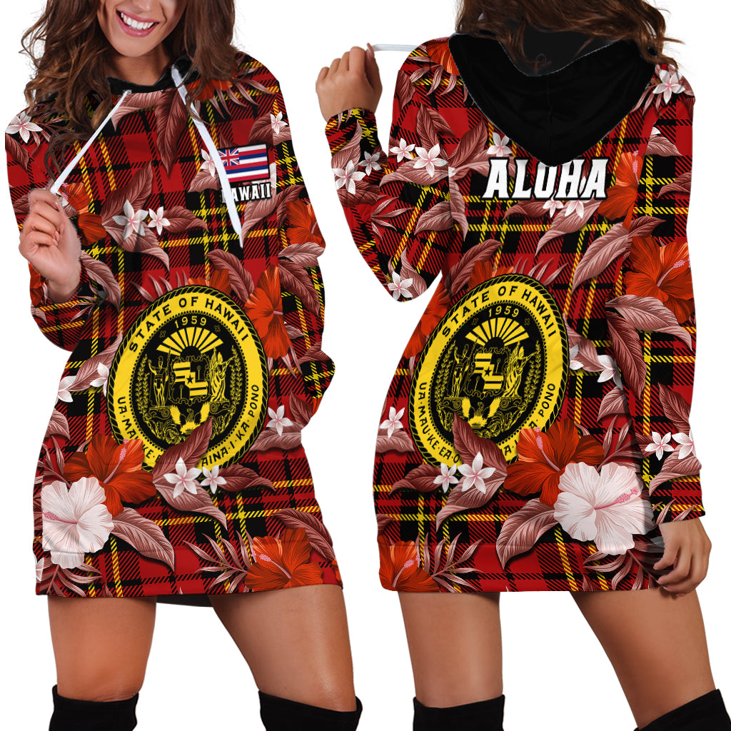 Hawaii State Hoodie Dress Tropical Flowers Mix Tartan Red Version LT14 Red - Polynesian Pride