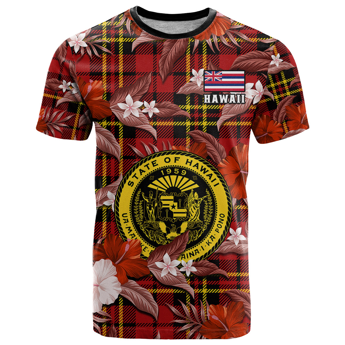 Hawaii State T Shirt Tropical Flowers Mix Tartan Red Version LT14 Red - Polynesian Pride