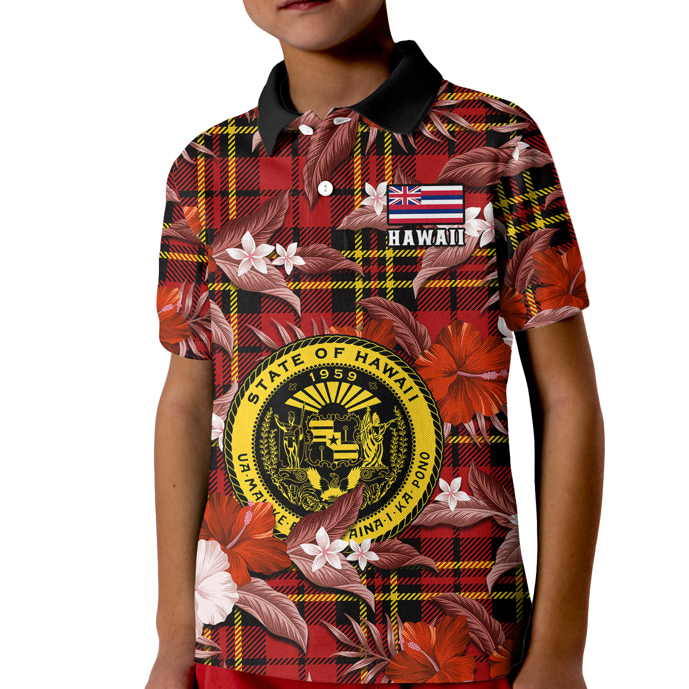 (Custom Personalised) Hawaii State Kid Polo Shirt Tropical Flowers Mix Tartan Red Version LT14 Kid Red - Polynesian Pride