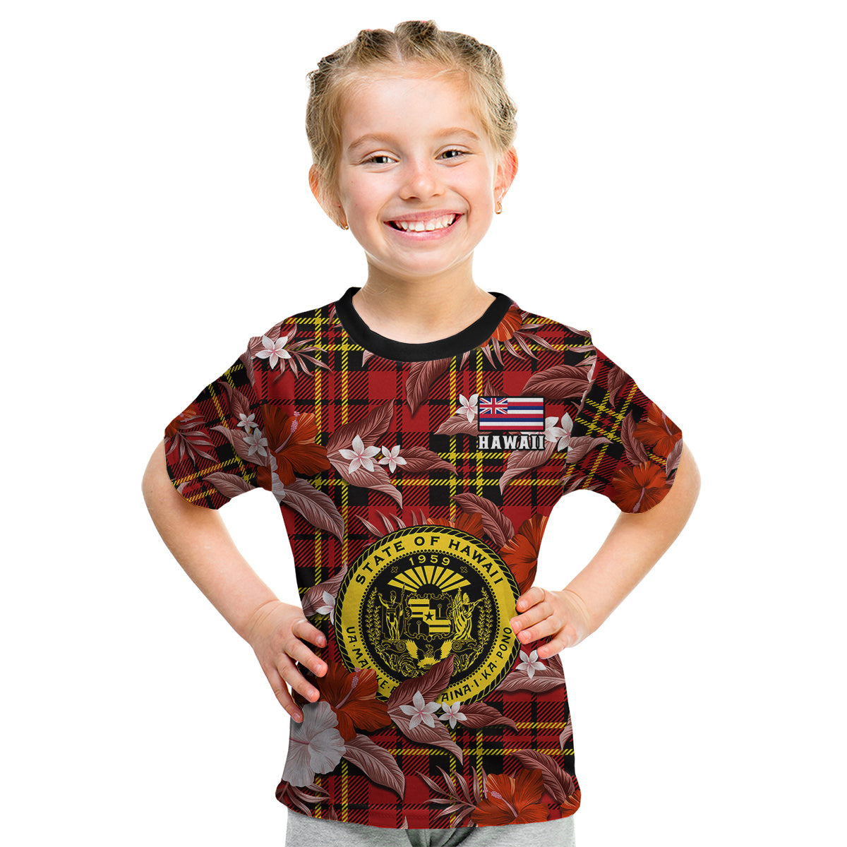 (Custom Personalised) Hawaii State Kid T Shirt Tropical Flowers Mix Tartan Red Version LT14 - Polynesian Pride