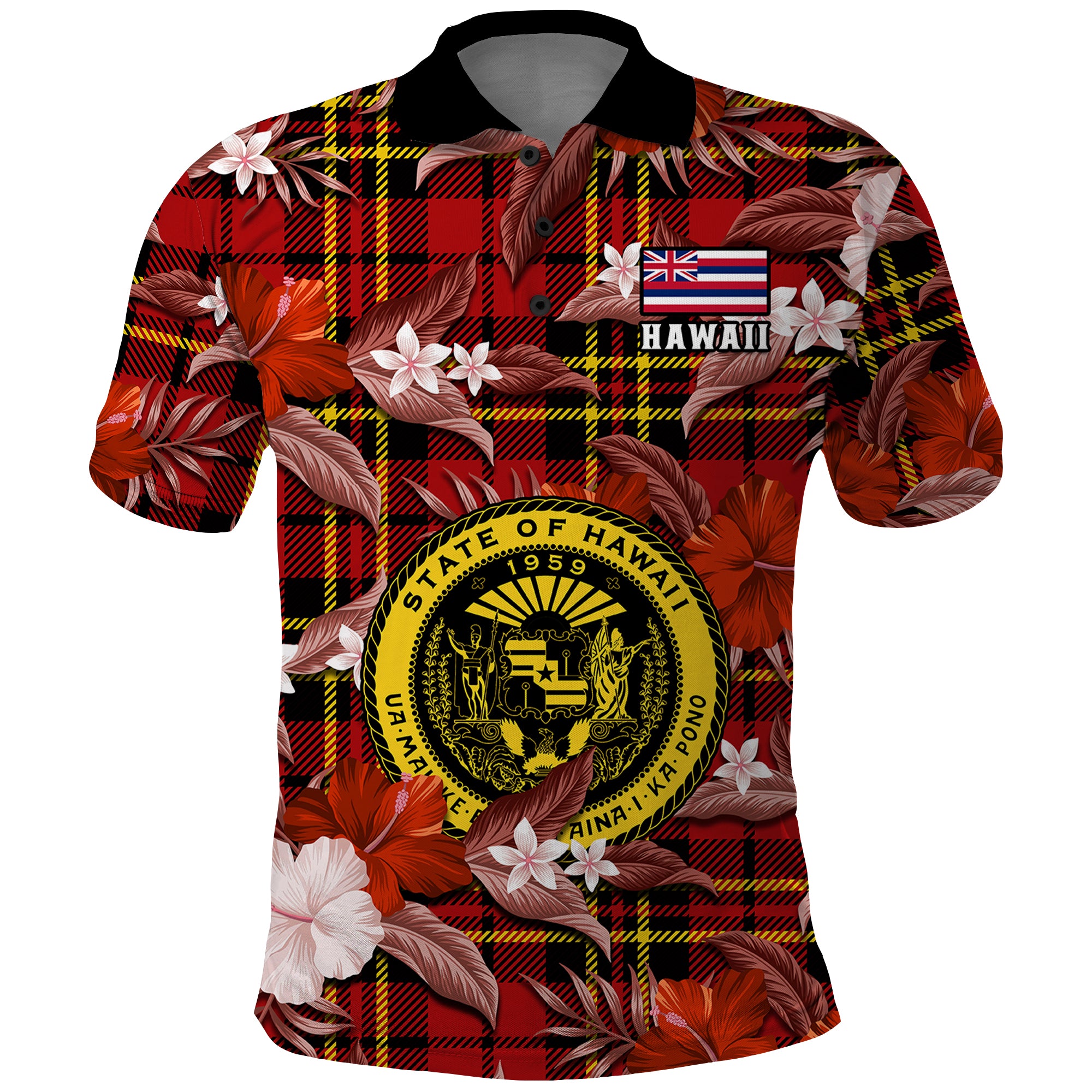 Custom Hawaii State Polo Shirt Tropical Flowers Mix Tartan Red Version LT14 Red - Polynesian Pride