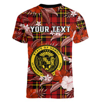 (Custom Personalised) Hawaii State Women V Neck T Shirt Tropical Flowers Mix Tartan Red Version LT14 - Polynesian Pride