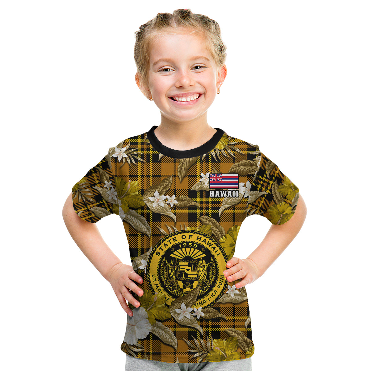 Hawaii State Kid T Shirt Tropical Flowers Mix Tartan Gold Version LT14 Youth XL Size14 - Polynesian Pride