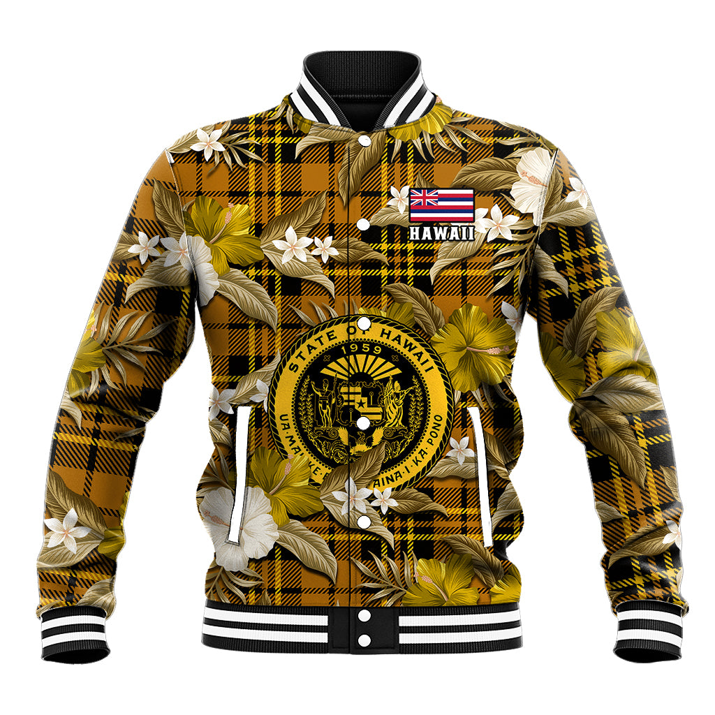 (Custom Personalised) Hawaii State Baseball Jacket Tropical Flowers Mix Tartan Gold Version LT14 Unisex Gold - Polynesian Pride