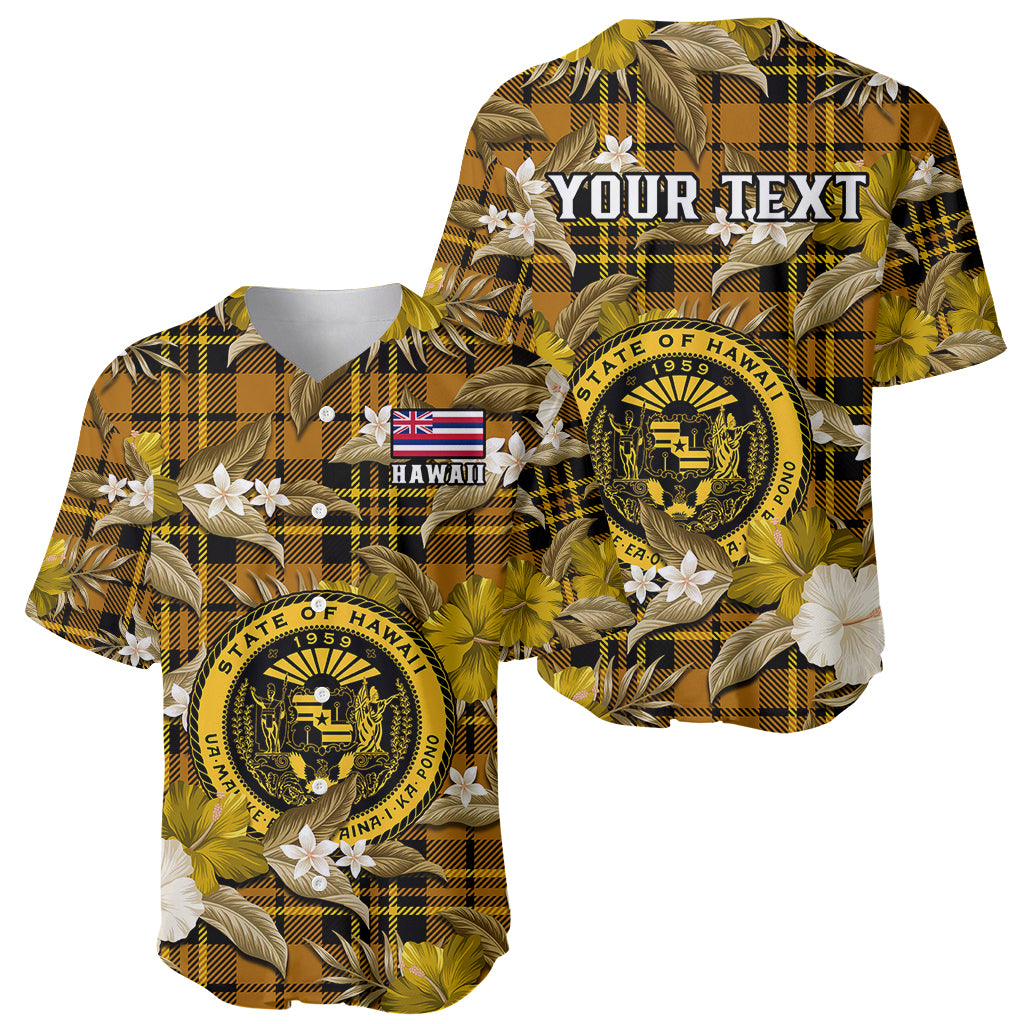 (Custom Personalised) Hawaii State Baseball Jersey Tropical Flowers Mix Tartan Gold Version LT14 Gold - Polynesian Pride