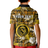 (Custom Personalised) Hawaii State Kid Polo Shirt Tropical Flowers Mix Tartan Gold Version LT14 - Polynesian Pride