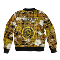 (Custom Personalised) Hawaii State Sleeve Zip Bomber Jacket Tropical Flowers Mix Tartan Gold Version LT14 - Polynesian Pride