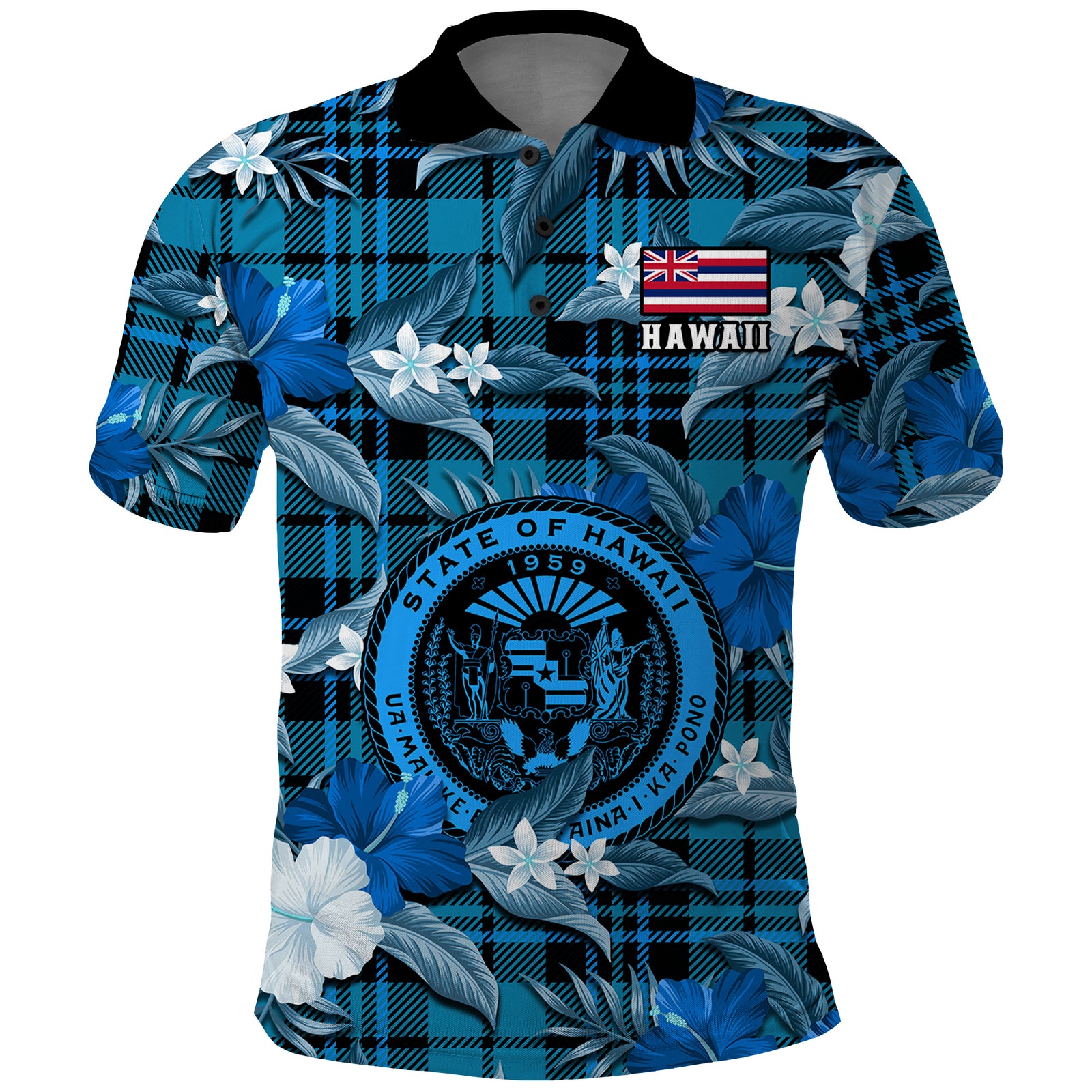 Hawaii State Polo Shirt Tropical Flowers Mix Tartan Blue Version LT14 Blue - Polynesian Pride