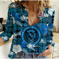 Hawaii State Women Casual Shirt Tropical Flowers Mix Tartan Blue Version LT14 Female Blue - Polynesian Pride