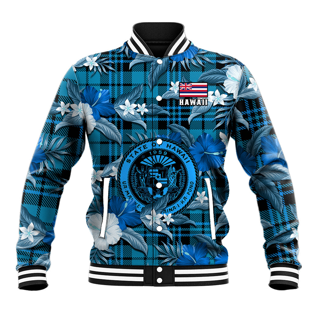 (Custom Personalised) Hawaii State Baseball Jacket Tropical Flowers Mix Tartan Blue Version LT14 Unisex Blue - Polynesian Pride