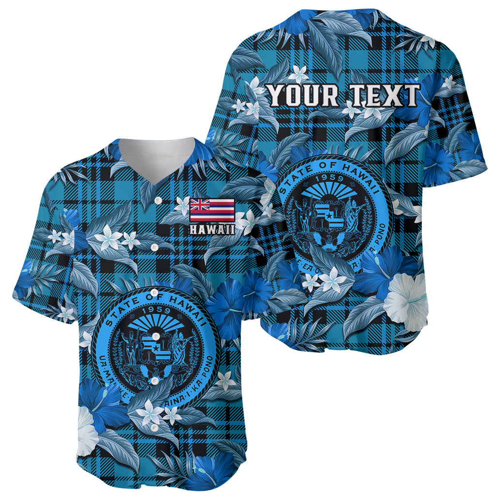 (Custom Personalised) Hawaii State Baseball Jersey Tropical Flowers Mix Tartan Blue Version LT14 Blue - Polynesian Pride