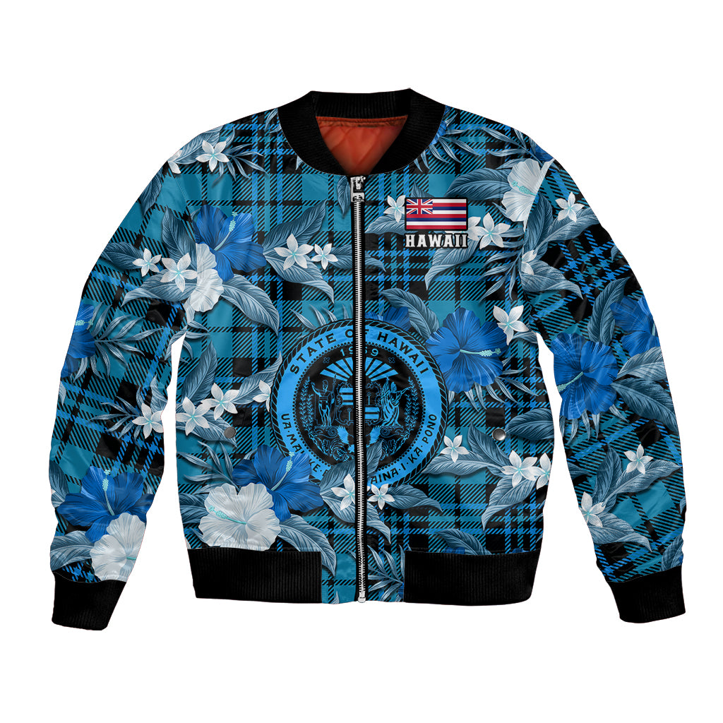 (Custom Personalised) Hawaii State Bomber Jacket Tropical Flowers Mix Tartan Blue Version LT14 Unisex Blue - Polynesian Pride