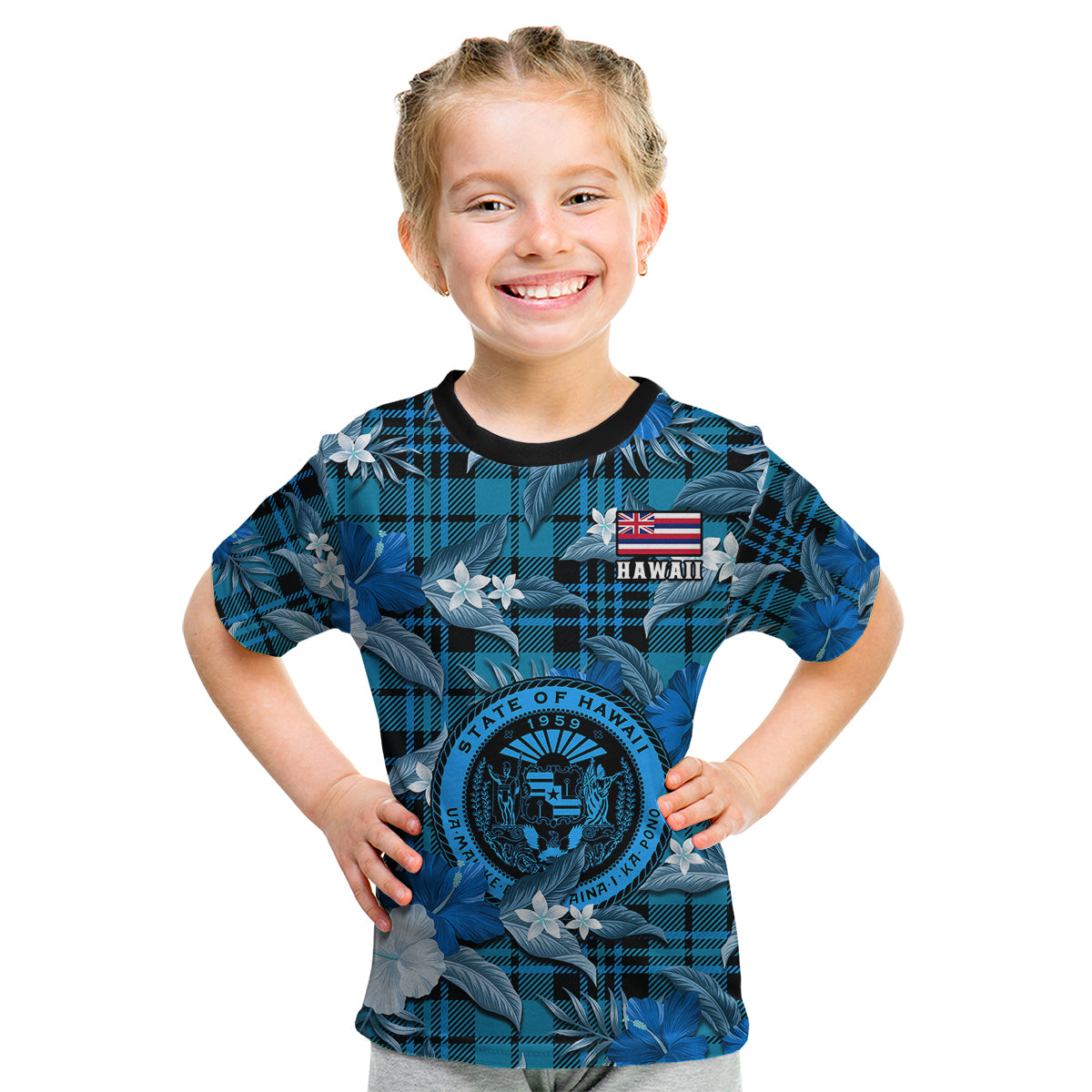 (Custom Personalised) Hawaii State Kid T Shirt Tropical Flowers Mix Tartan Blue Version LT14 - Polynesian Pride