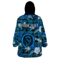 (Custom Personalised) Hawaii State Wearable Blanket Hoodie Tropical Flowers Mix Tartan Blue Version LT14 - Polynesian Pride