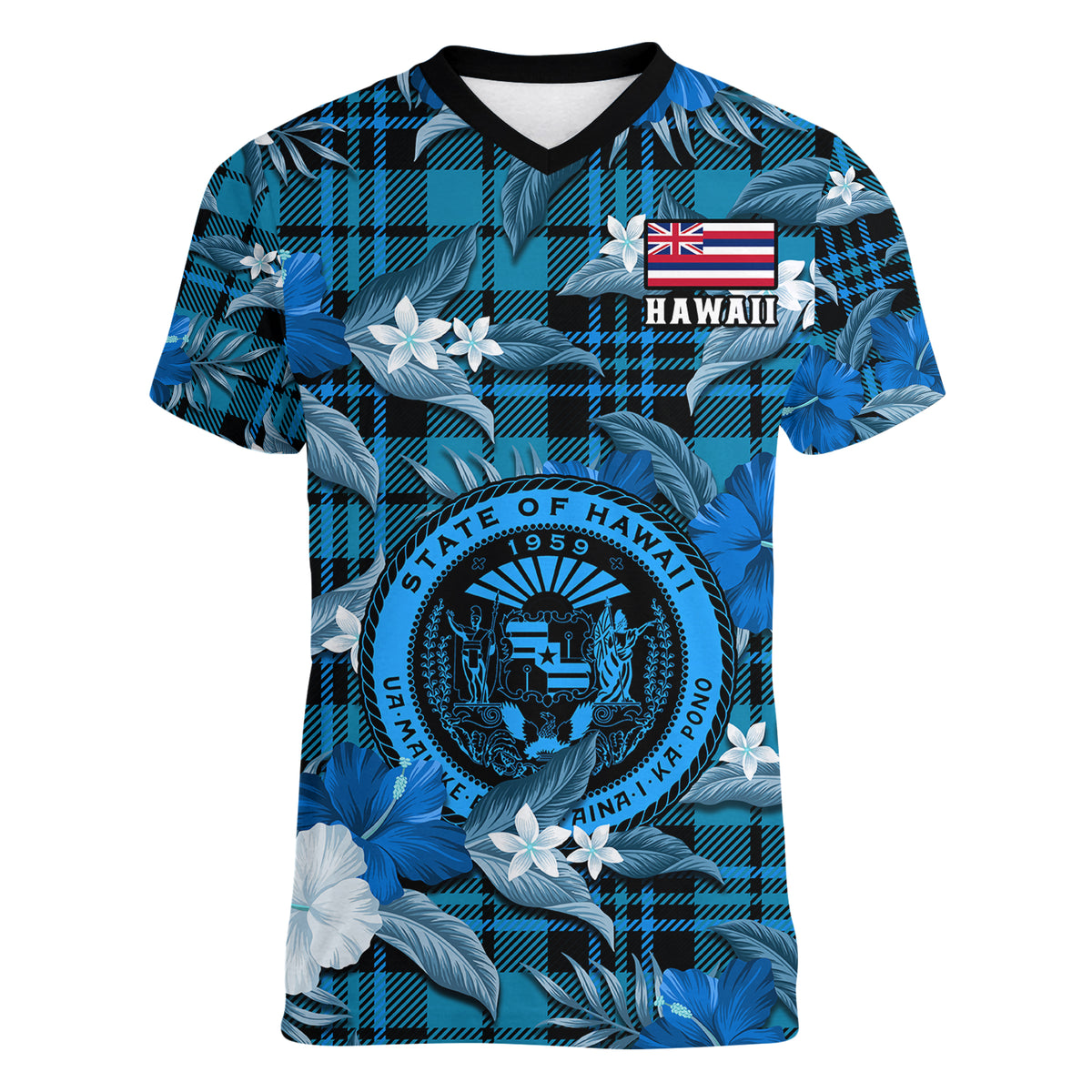 (Custom Personalised) Hawaii State Women V Neck T Shirt Tropical Flowers Mix Tartan Blue Version LT14 - Polynesian Pride